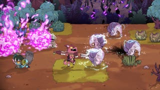 Anthropomorphic animals engage in colourful combat in a Rotwood screenshot.