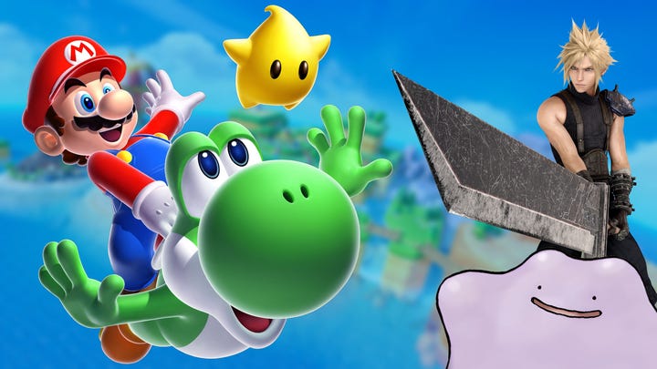 Mario riding Yoshi, Final Fantasy 7 Remake's Cloud showing off his big weapon, and a Ditto Pokémon looking on delightedly.