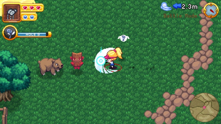 A female golfer clubs a wood monster next to a bear in RPGolf Legends