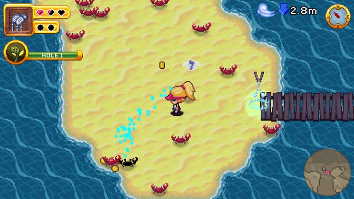 A female golfer is surrounded by crabs on a beach in RPGolf Legends