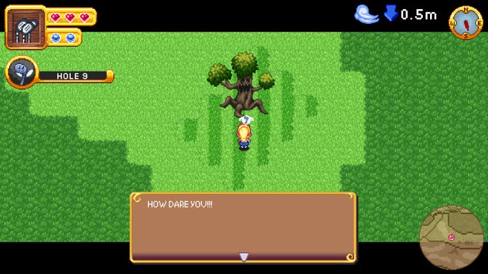 A big tree with a scary mouth yells, “How dare you!!” at a female golfer on a green in RPGolf Legends