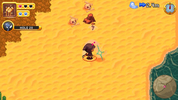 A hooded golfer swings their club in a desert in RPGolf Legends