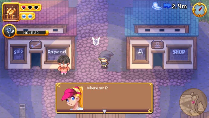 A hooded golfer asks where they are in a strange, spooky town in RPGolf Legends