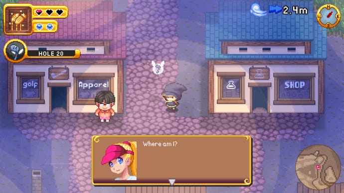 A hooded golfer asks where they are in a strange, spooky town in RPGolf Legends