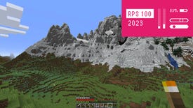 A mountainous landscape in Minecraft, with the RPS 100 logo in the top right corner