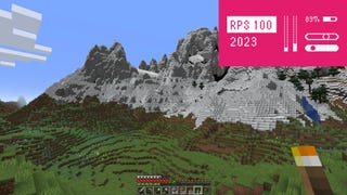 A mountainous landscape in Minecraft, with the RPS 100 logo in the top right corner