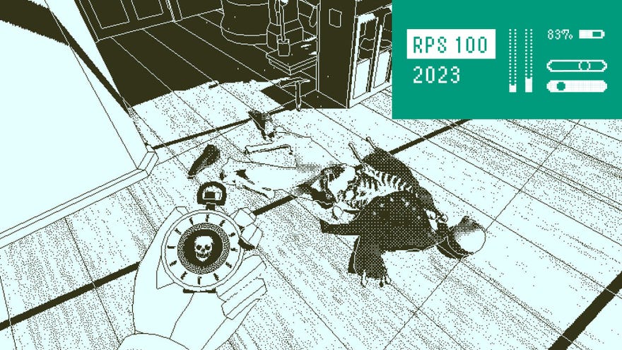 A skeleton lies on the deck of a ship while the player holds out a stopwatch in Return Of The Obra Dinn, with the RPS 100 logo in the top right corner