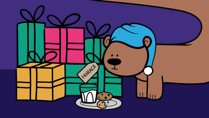 A close up of Horace the Endless Bear looking at a big pile of presents with his name on, next to a plate of cookies with a glass of milk. It’s the 2023 RPS Advent Calendar!
