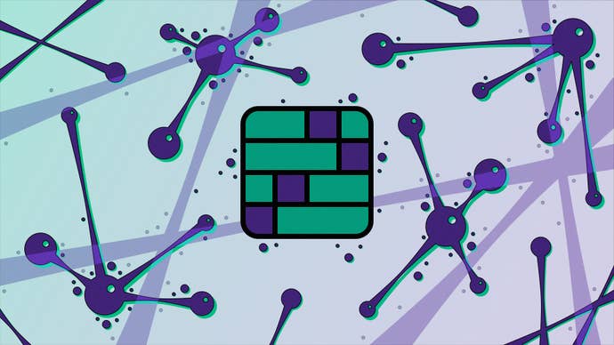 Une image abstraite avec un logo modifié de Connections au centre, entouré de cercles reliés par des lignes en toile.