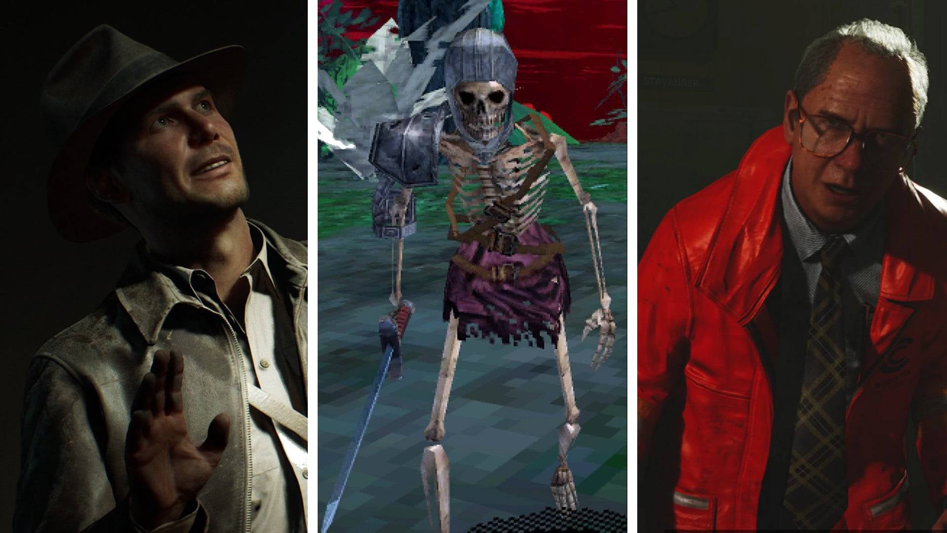 A three-part image featuring Indiana Jones waving, a skeleton walking towards the player, and an oil rig captain shouting at the player. - 1
