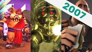 An two-headed ogre from World Of Warcraft, Bioshock's Big Daddy and Heavy from Team Fortress 2 star in the RPS Time Capsule 2007 header.