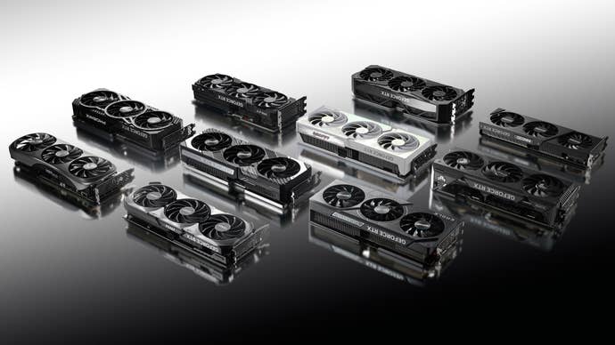 Lots of graphics cards laid out in black and white, showing off several Nvidia RTX 4070 Ti GPUs