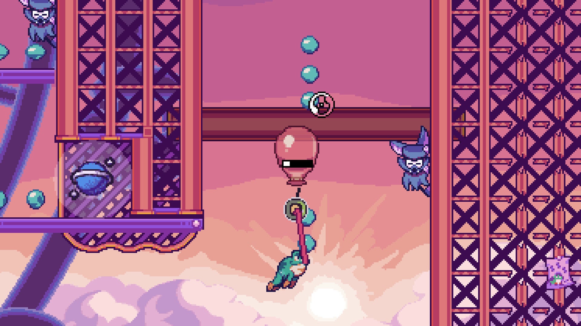 A 2D cartoon frog dangling from a balloon by their tongue while travelling through a platform game world of purple and pink girders, against a setting sun. From Rubato. - 1