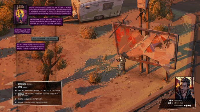 The protagonist of Rue Valley leans against a ruined billboard in the desert.