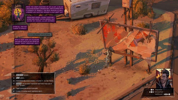The protagonist of Rue Valley leans against a ruined billboard in the desert.