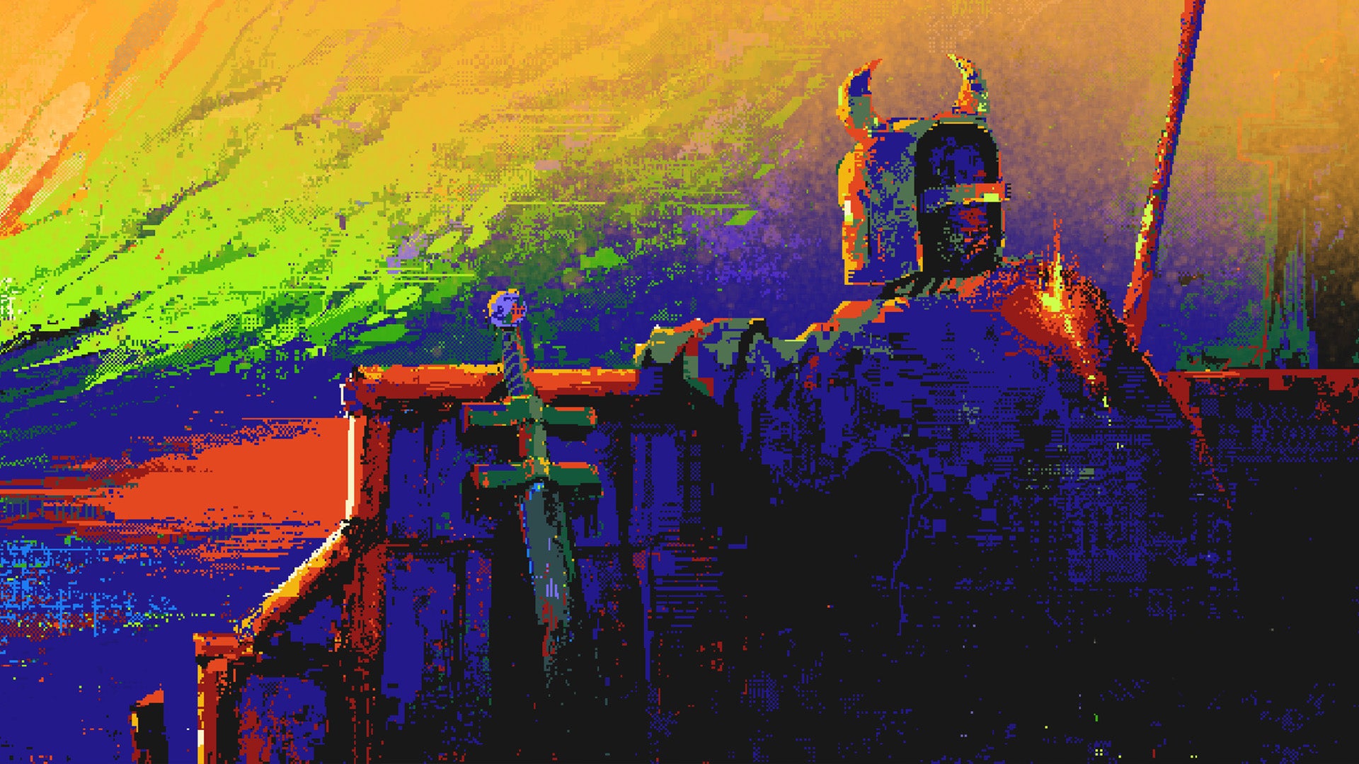 A pixel art night wearing a helmet with horns resting their sword up against a wall overlooks a sunset valley in key art for Ruin: Chapter 0. - 1