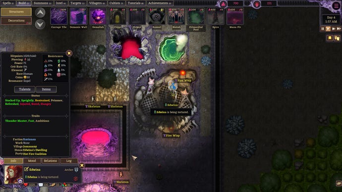 Firewasps attacking the villager Edwina, who is being tortured in a strange dungeon crypt in Ruinarch