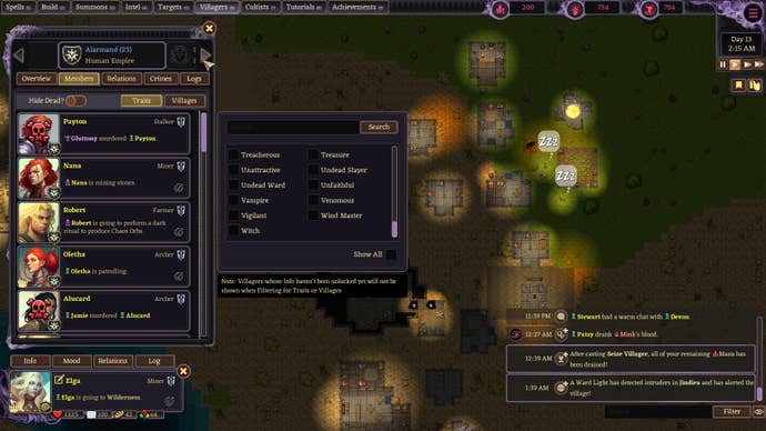 An overview of a village at night in Ruinarch, showing what each of the inhabitants are doing