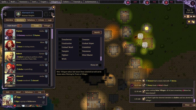 An overview of a village at night in Ruinarch, showing what each of the inhabitants are doing