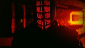 A figure in Ruiner with the words KILL YOU projected across their helmet face