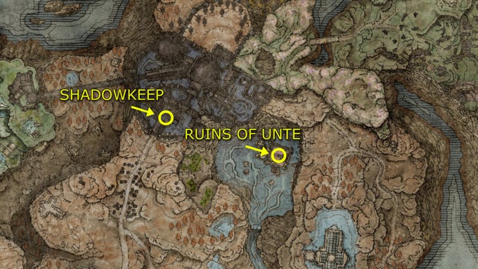 The location of the Shadow Keep and the Ruins of Unte on the Elden Ring: Shadow of the Erdtree map.