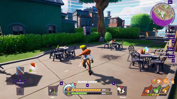 A Rumbleverse player eats a chicken drumstick while looking into the camera.