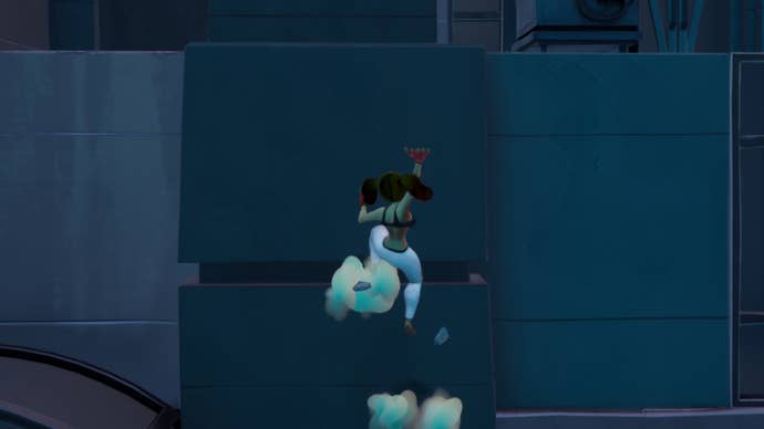 A Rumbleverse player scales the wall of a talle building.