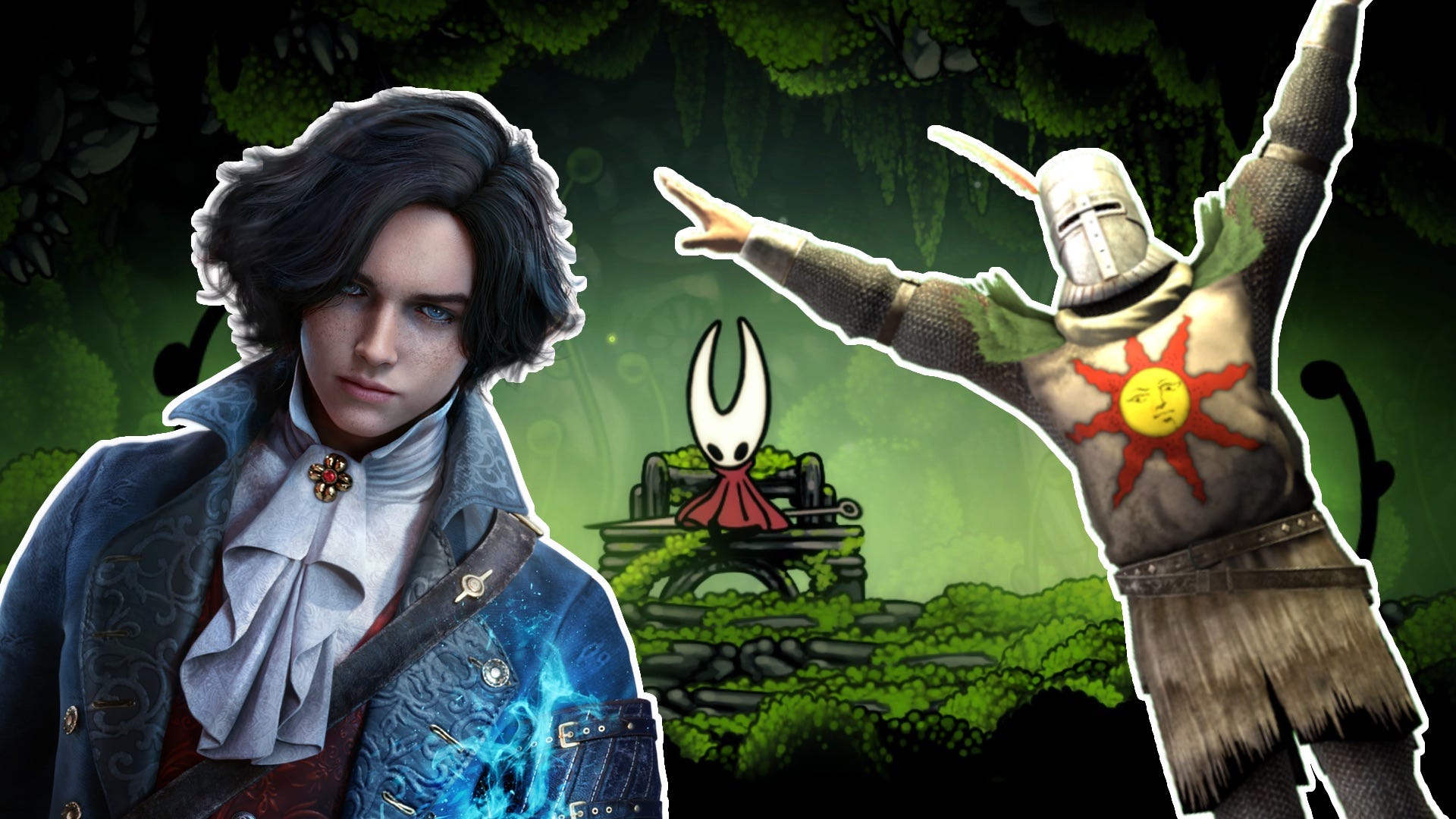 Composite image showing Silksong's Hornet sat on a bench, Pinocchio from Lies of P, and a Dark Souls Sunbro Praise-the-sunning.