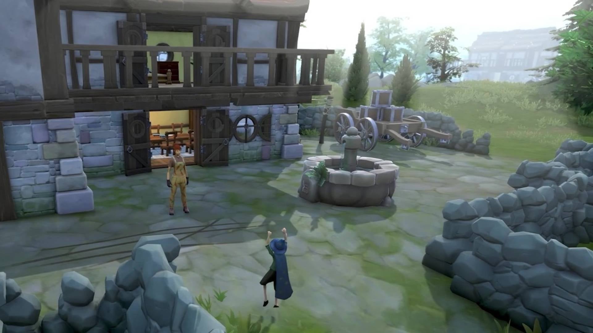 Two villagers celebrate in front of a house in RuneScape's Havenhythe region - 4