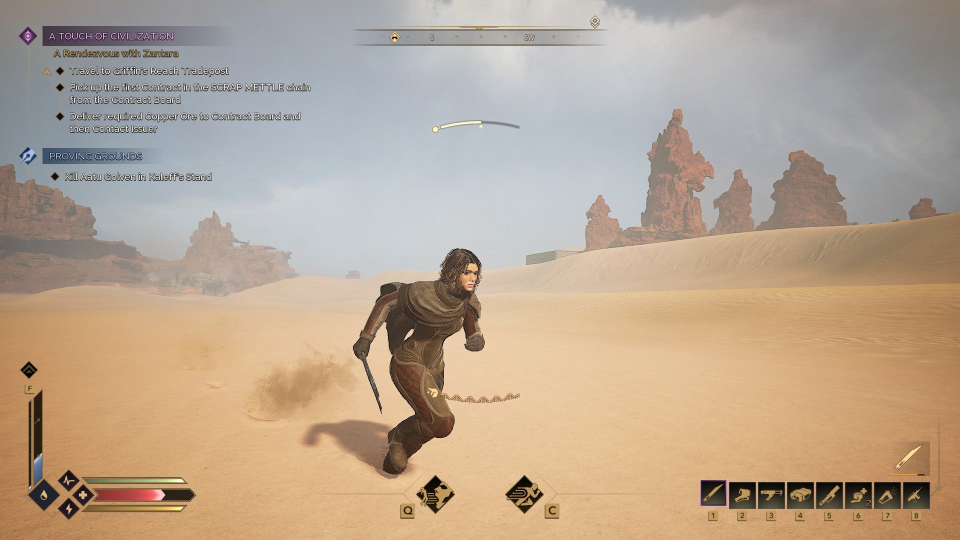 A Dune Awakening character wearing a Stillsuit runs across the desert. - 6