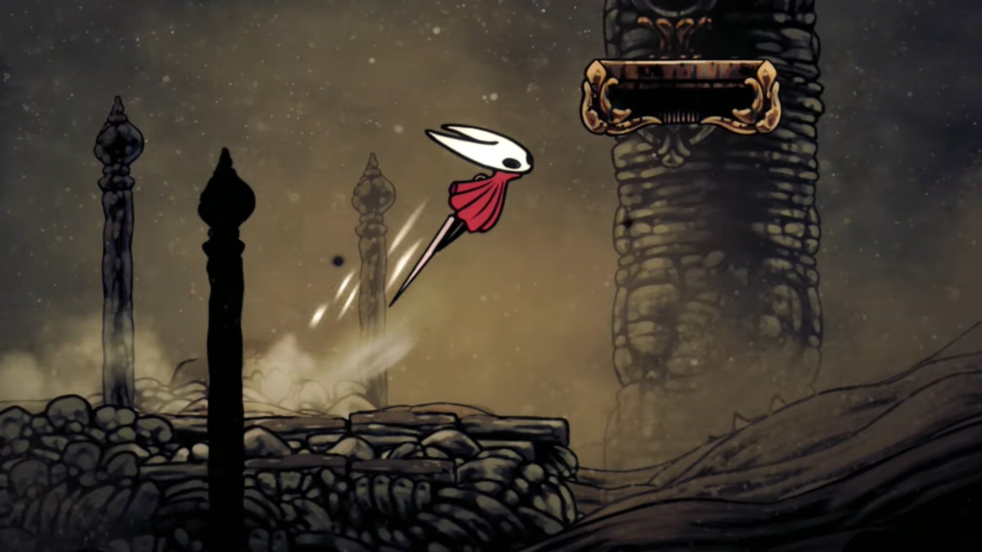 Hornet jumps through the sandstorm-filled Blasted Steps in Hollow Knight: Silksong. - 1