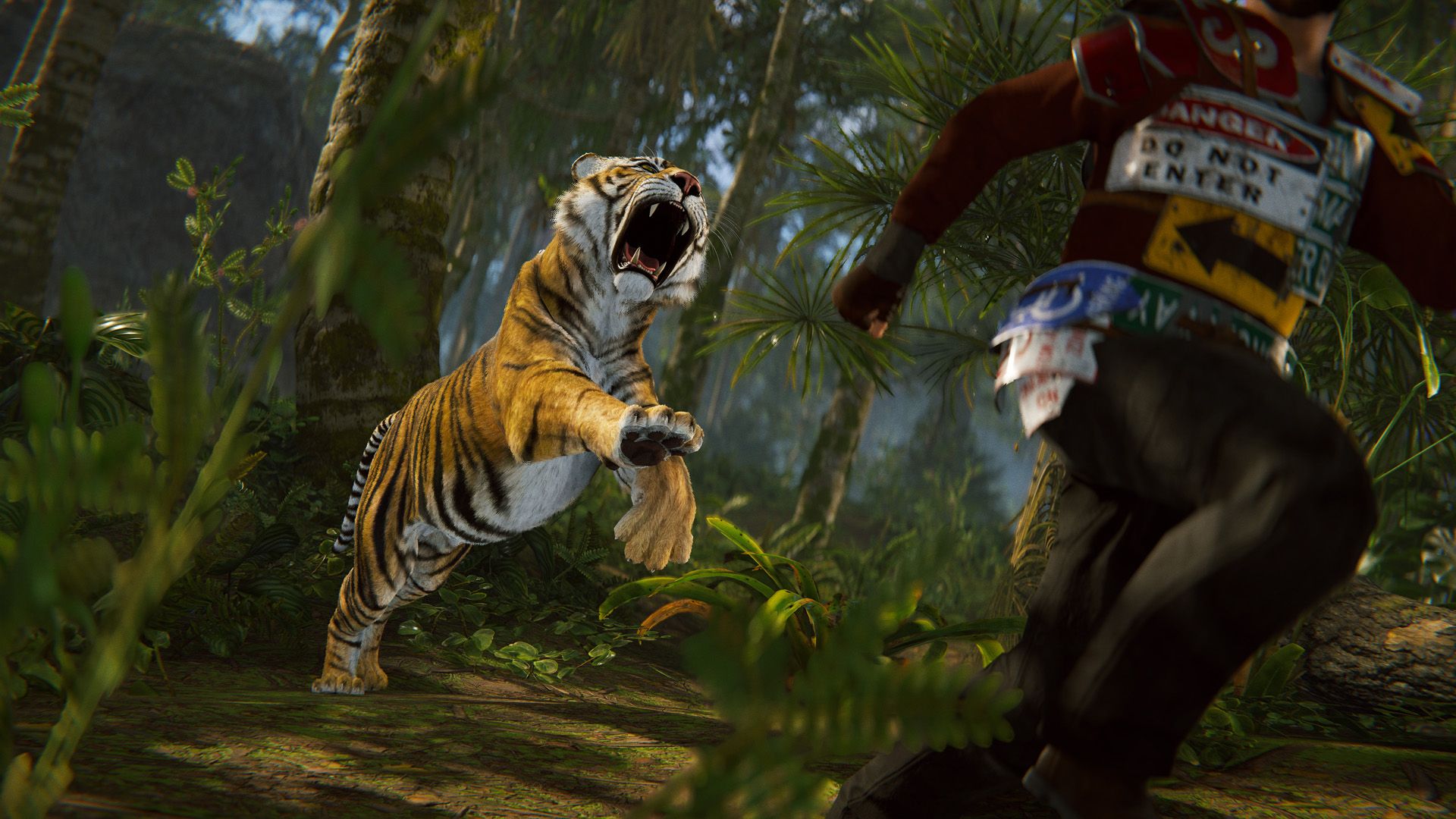 A player runs from a tiger pouncing at him from the undergrowth of a jungle. - 4