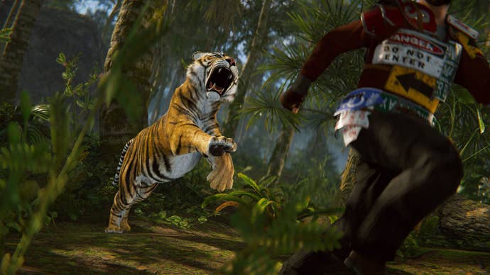 A subordinate runs from a tiger pouncing astatine him from the undergrowth of a jungle.