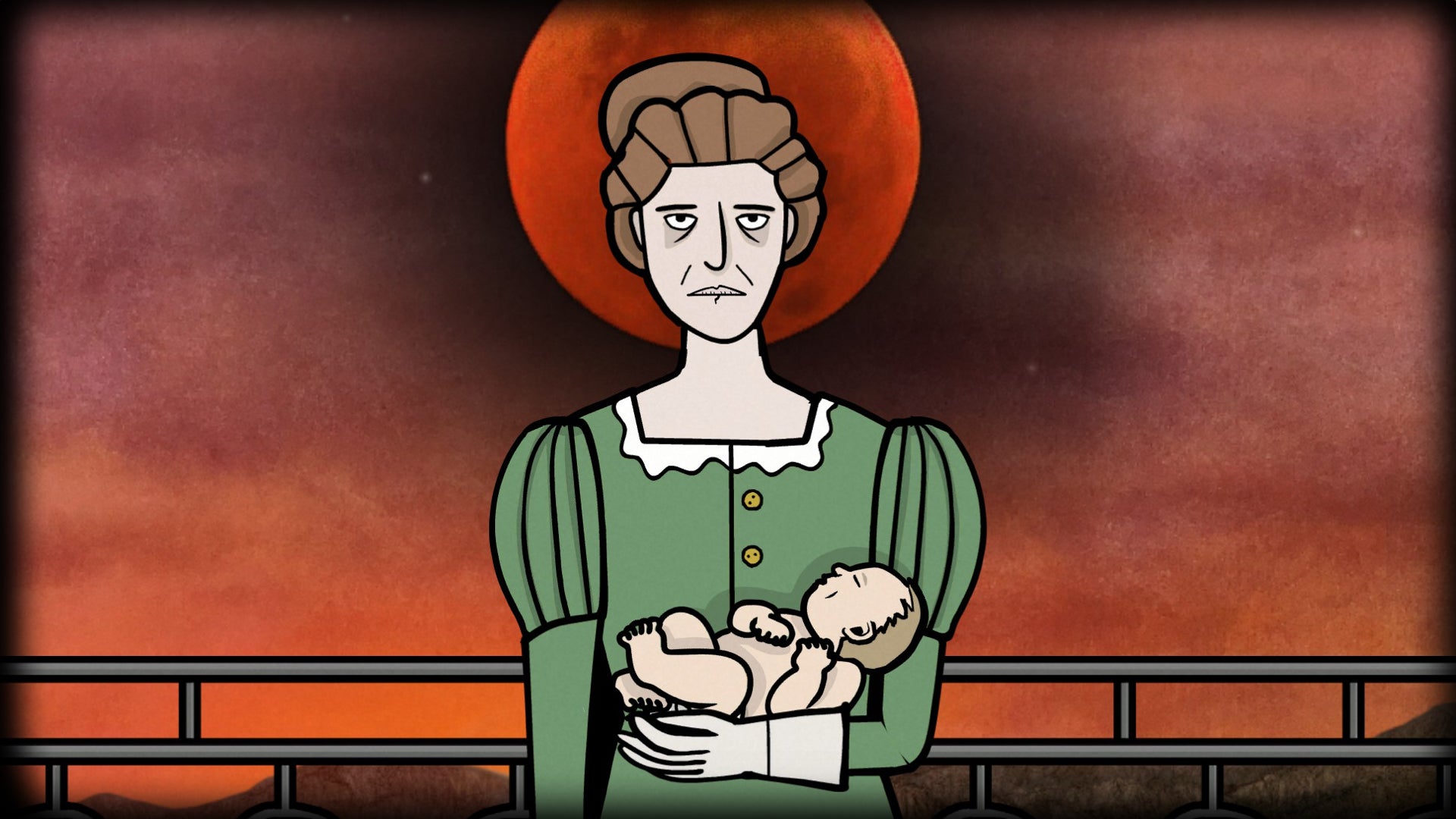 Servant of the Lake screenshot showing an illustrated woman holding a baby in front of a blood red moon.