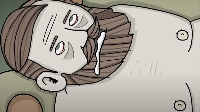 Illustration from Rusty Lakes' Servant of the Lake showing the upper half of a naked - and possibly dead - man drooling on a couch.