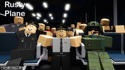Artwork for the Roblox game Rusty Plane showing a group of characters sitting in a plane.