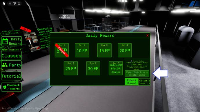 A screenshot of Rusty Plane in Roblox showing the game's codes field.