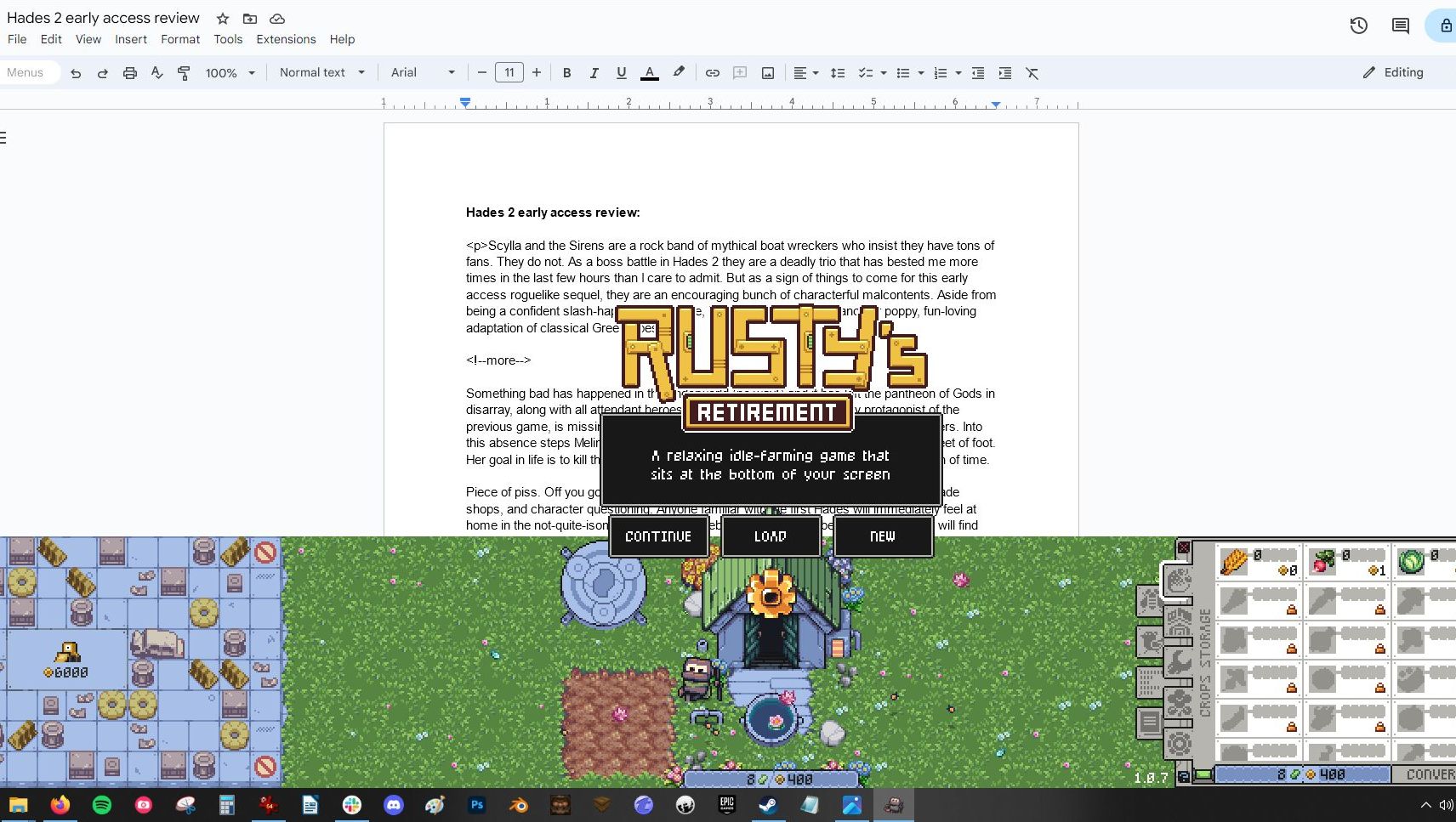 The title screen for Rusty's Retirement, an idle game you can play over the top of other work. - 1