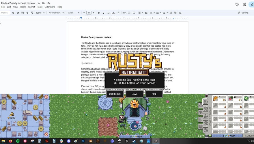 The title screen for Rusty’s Retirement, an idle game you can play over the top of other work.