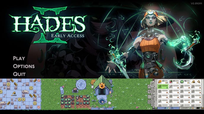 The main menu of Hades 2 is running while Rusty's Retirement lies on top of the same screen.