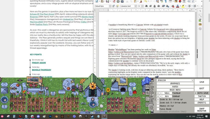 A screenshot of a video game news story being written while the author plays Rusty's Retirement.