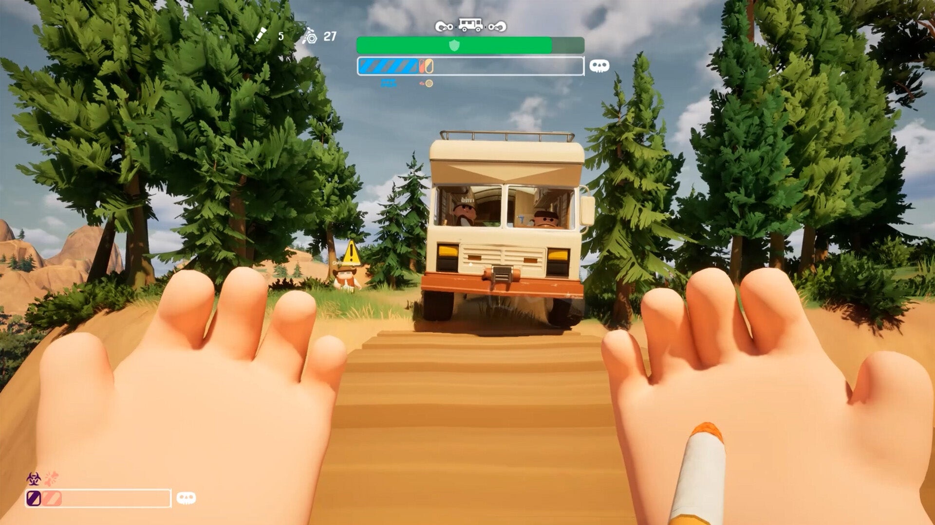 A first-person position of idiosyncratic smoking a cigarette, determination hands outstretched instructing idiosyncratic an RV to travel guardant successful RV There Yet?