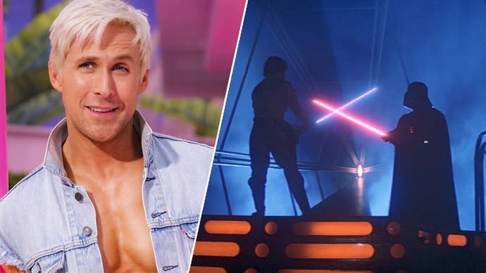 On the left, Ryan Gosling as Ken, smirking, wearing a denim jacket with no shirt underneath. On the right, Luke Skywalker and Darth Vader fighting each other in silhouette in Star Wars.