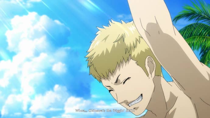 Ryuji celebrates being on the beach in Persona 5 Strikers.