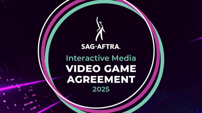 Logo for SAG-AFTRA's 2025 Video Game Agreement with purple and green circular swirl