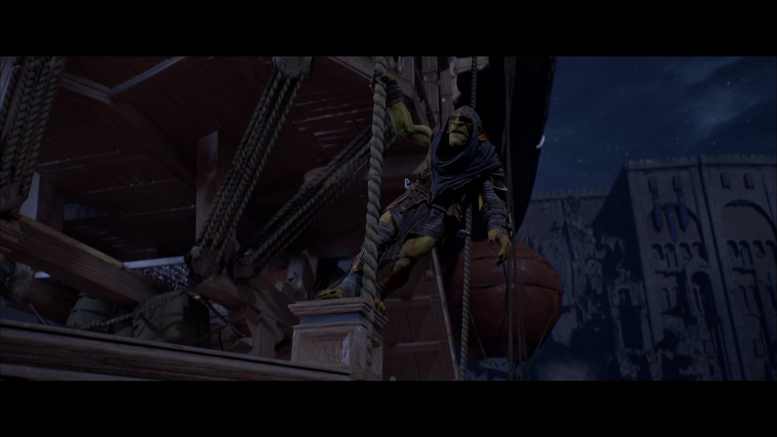 Styx hanging from the rigging of an airship