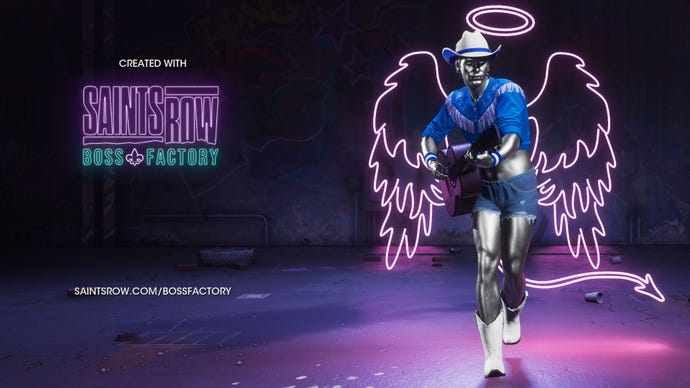 A boss in the Saints Row Boss Factory: a cowboy in denim hotpants and a blue crop top, playing guitar, with metallic silver skin