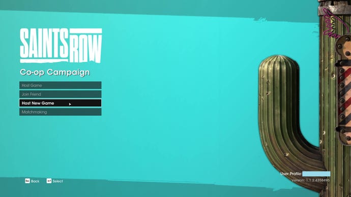 The Saints Row Co-op Campaign selection screen, showing the four main co-op options (host game, join friend, host new game, and matchmaking). A cactus illustrates the right-hand side of the screen.
