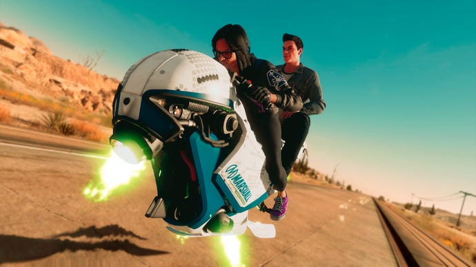 Neenah gives the player a lift in a jetbike in Saints Row.