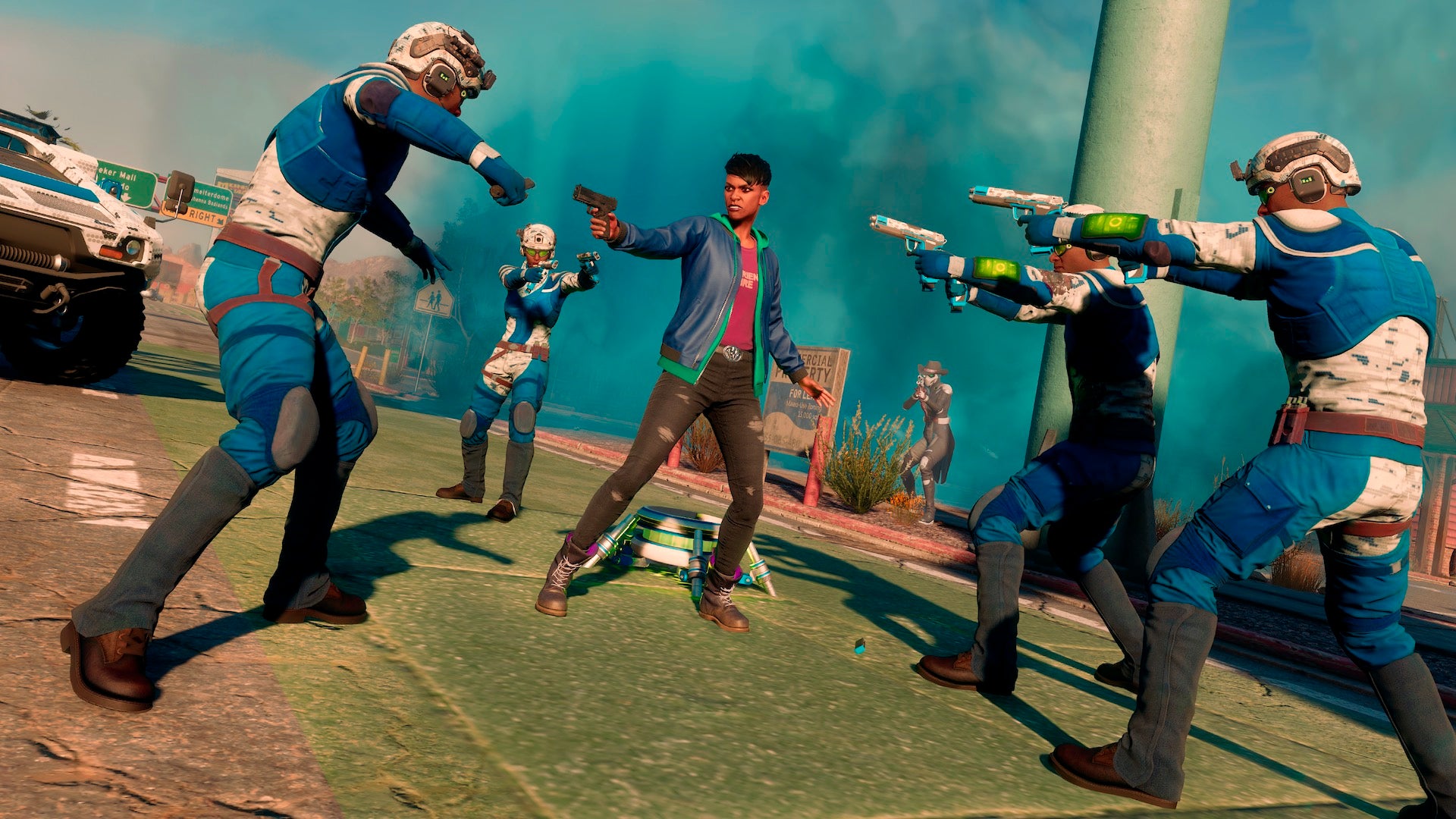 Members of the Marshall gang surround the player in Saints Row.